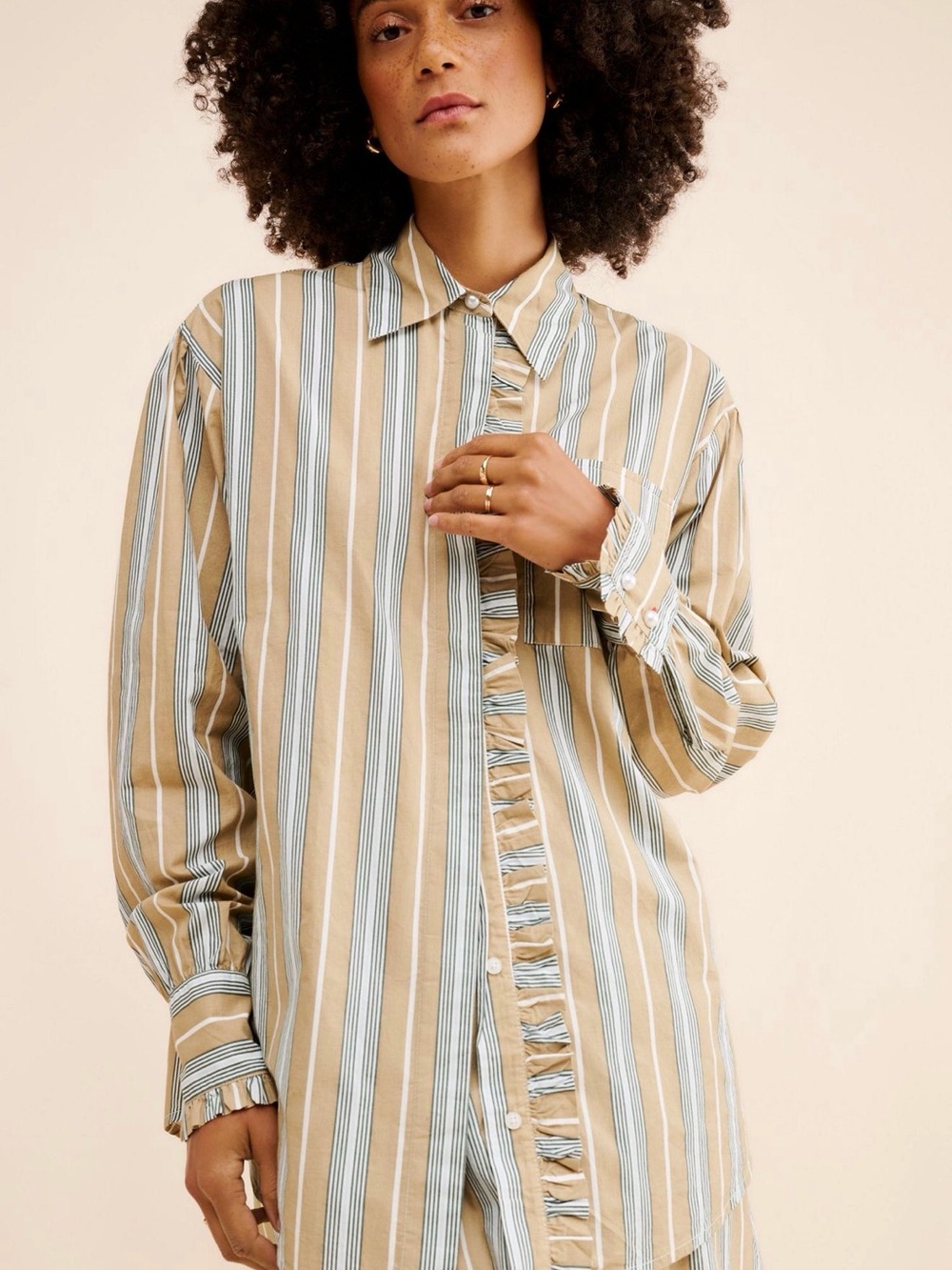 Damson Madder Casual Button-Down Shirt in Beige and Blue Stripe US 8